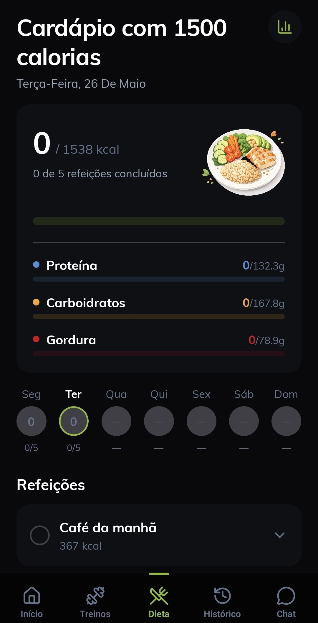 Cardápio no aplicativo